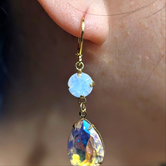 Pink Opal/ Rosewater and Large Pink AB Crystal Drop Down Earrings in Yellow Gold - Picture 4 of 4